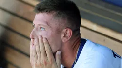 Blake Treinen reacts in the dugout after giving up an HR on August 10, 2025 in California.