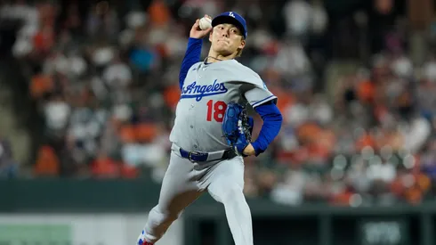 Yoshinobu Yamamoto #18 of the Los Angeles Dodgers