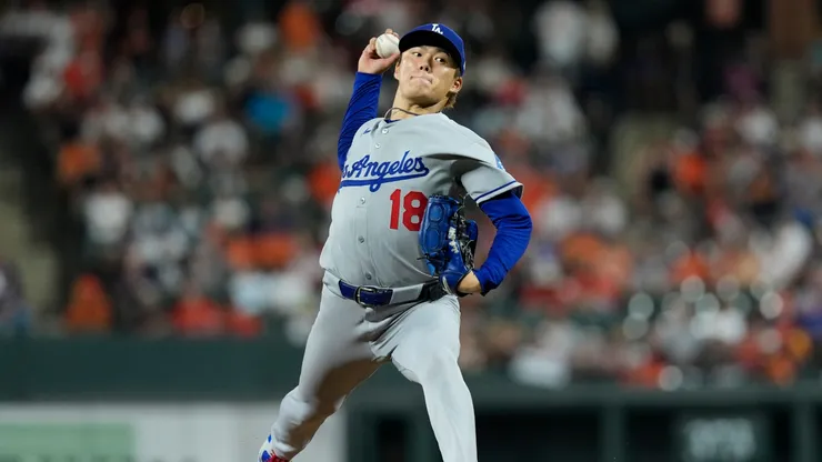 Yoshinobu Yamamoto #18 of the Los Angeles Dodgers