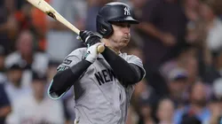 Cody Bellinger #35 of the New York Yankees hits an RBI single.