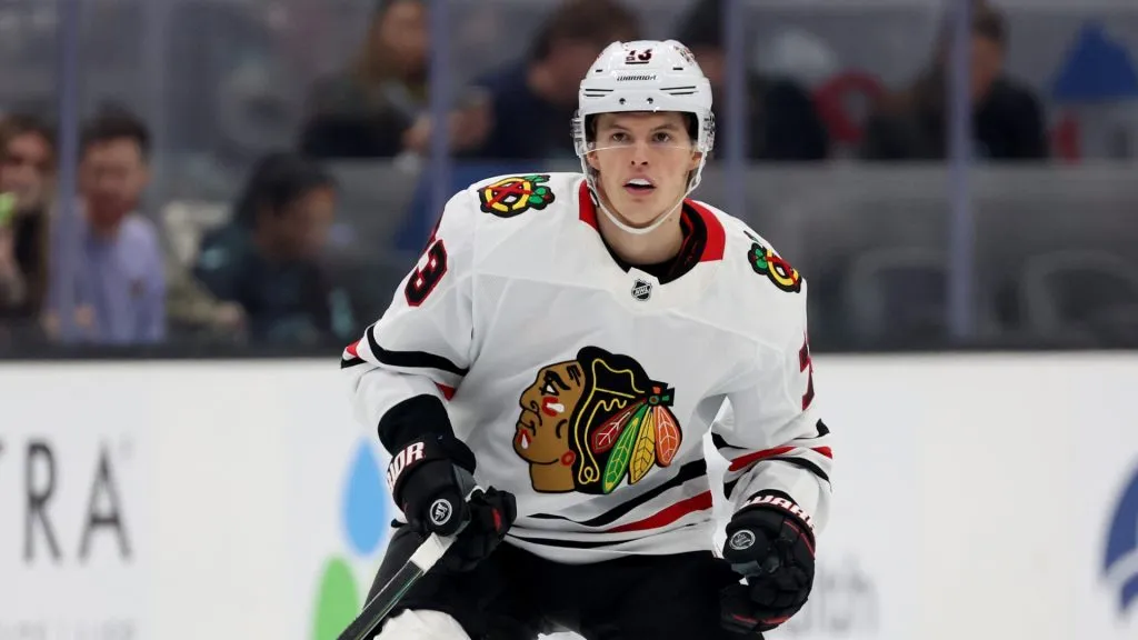 Lukas Reichel #73 of the Chicago Blackhawks at Climate Pledge Arena