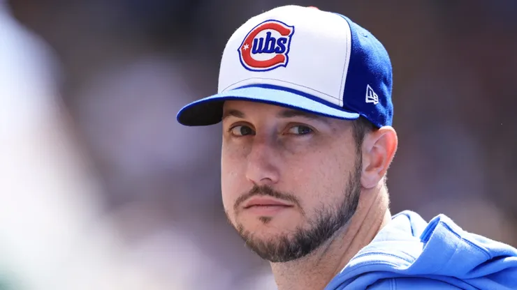 Kyle Tucker #30 of the Chicago Cubs looks on from the bench.