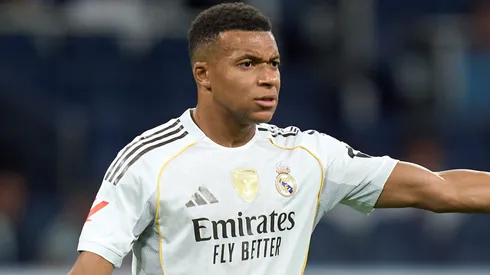 Kylian Mbappe of Real Madrid reacts during the LaLiga EA Sports match.