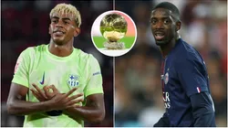 Lamine Yamal of FC Barcelona, Ousmane Dembele of Paris Saint-Germain and Ballon d'Or trophy.