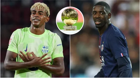 Lamine Yamal of FC Barcelona, Ousmane Dembele of Paris Saint-Germain and Ballon d'Or trophy.