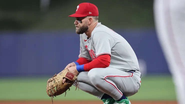 Bryce Harper #3 of the Philadelphia Phillies looks on. (Carmen Mandato/Getty Images)