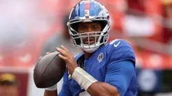 Russell Wilson #3 of the New York Giants warms up.