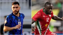 Alex Roldán #15 of El Salvador and Leo Abena #12 of Suriname.