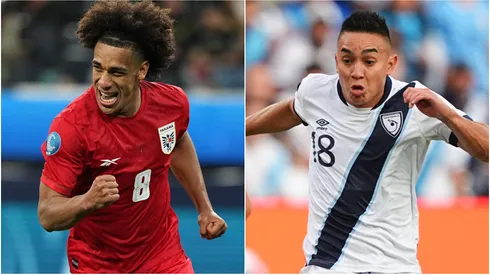 Adalberto Carrasquilla #8 of Panama and Oscar Santis #18 of Guatemala.