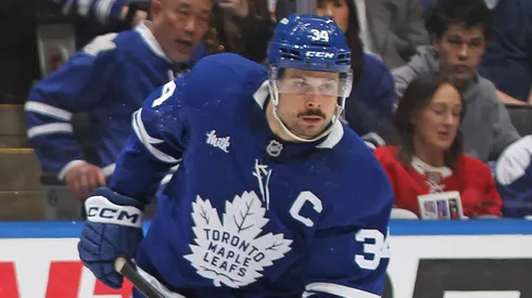 Auston Matthews skates with the puck during a 2025 Stanley Cup Playoffs game.
