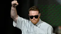 Canelo Alvarez speaks onstage during the press conference.