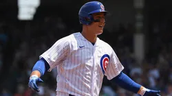 Anthony Rizzo #44 of the Chicago Cubs hits a home run.