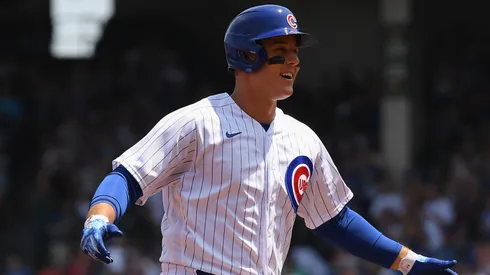 Anthony Rizzo #44 of the Chicago Cubs hits a home run.