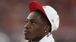 Xavier Worthy looking on the sidelines.