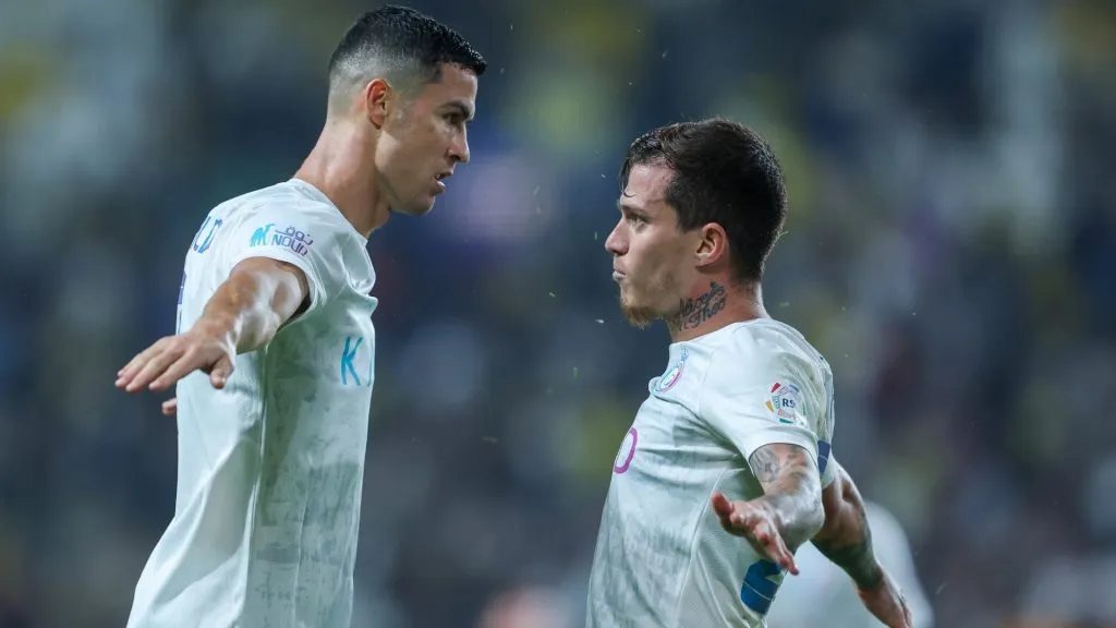 Otavio of Al Nassr celebrates a goal with Cristiano Ronaldo. (Yasser Bakhsh/Getty Images)