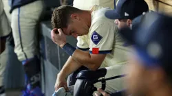 Catcher Will Smith #16 of the Los Angeles Dodgers reacts in the dugout.