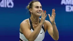 Aryna Sabalenka reacts after winning match point against Amanda Anisimova.