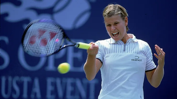 Anke Huber of Germany returns the ball during a match in the US Open.