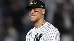 Aaron Judge #99 of the New York Yankees reacts after defeating the Detroit Tigers.