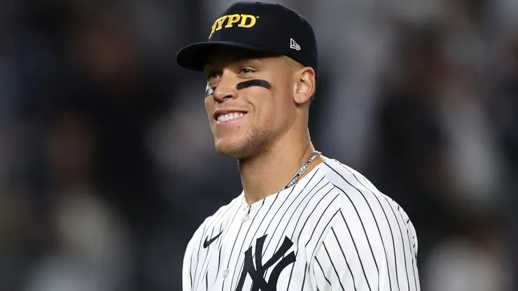 Aaron Judge #99 of the New York Yankees reacts after defeating the Detroit Tigers.