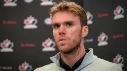Connor McDavid speaks to media during Hockey Canada's 2025 National Teams Orientation Camp.