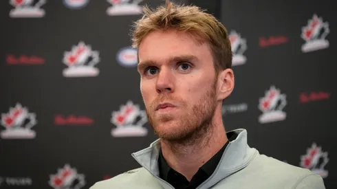 Connor McDavid speaks to media during Hockey Canada's 2025 National Teams Orientation Camp.