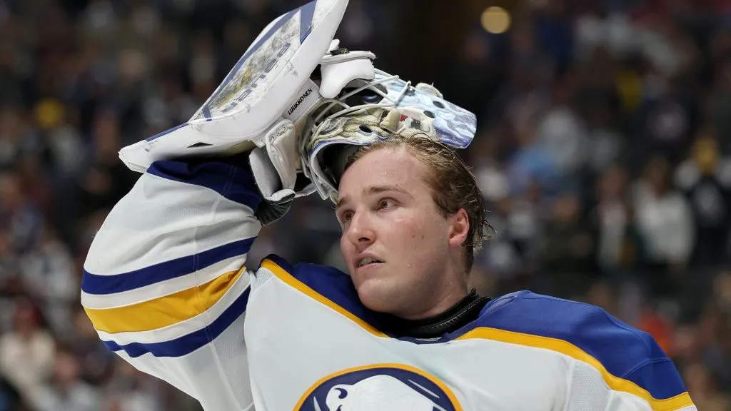 Sabres’ Ukko-Pekka Luukkonen #1 faces an unexpected injury. (Photo by Matthew Stockman/Getty Images)