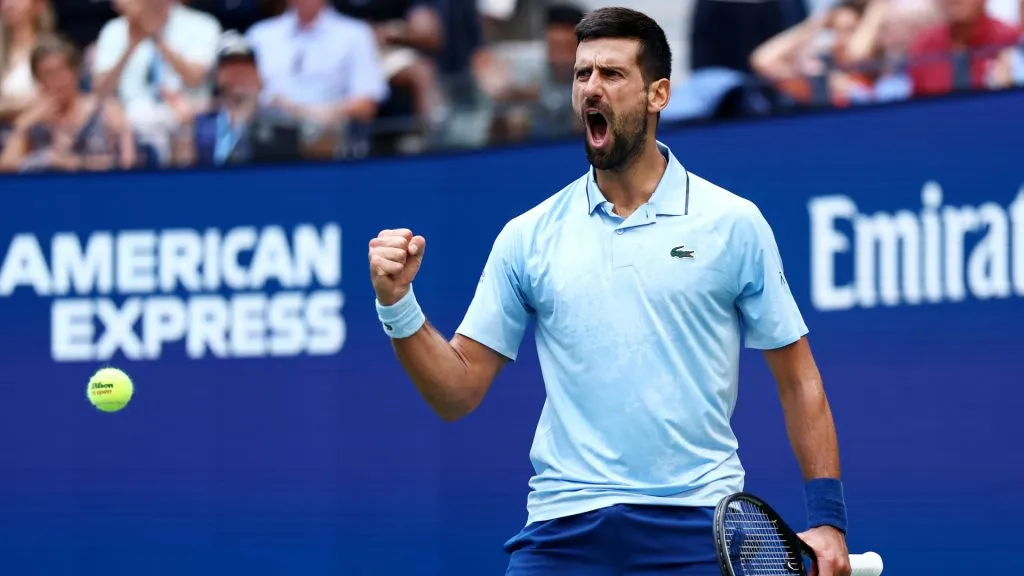 Novak Djokovic celebrates a point during US Open against Carlos Alcaraz. (Maddie Meyer/Getty Images)