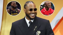 Carmelo Anthony in the 2025 Hall of Fame Ceremony, LeBron James and Michael Jordan.