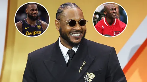 Carmelo Anthony in the 2025 Hall of Fame Ceremony, LeBron James and Michael Jordan.