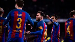 Lionel Messi of Barcelona celebrates a goal with teammates.