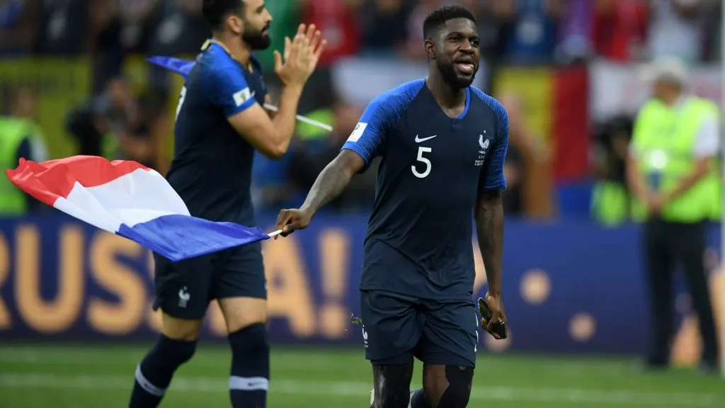 Samuel Umtiti celebrates France’s triumph at the 2018 World Cup. (Matthias Hangst/Getty Images)