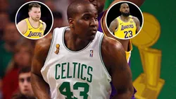 Kendrick Perkins #43 of the Boston Celtics, Luka Doncic, LeBron James of the Los Angeles Lakers.