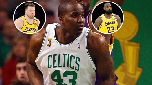 Kendrick Perkins #43 of the Boston Celtics, Luka Doncic, LeBron James of the Los Angeles Lakers.