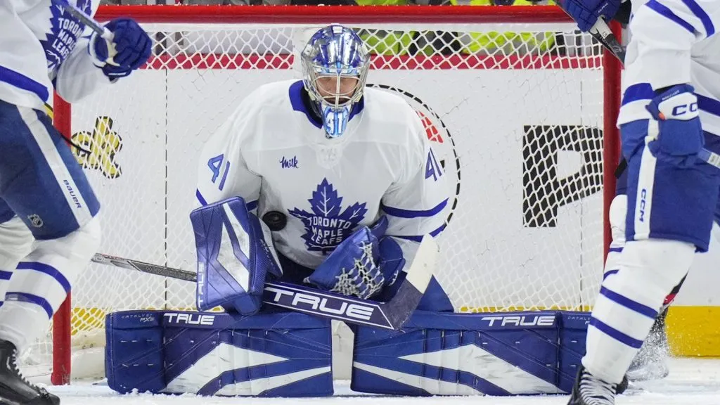 Anthony Stolarz #41 of the Toronto Maple Leafs makes a save. (Photo by Chris Tanouye/Getty Images)