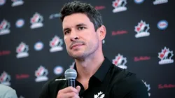 Sidney Crosby speaks to media during Hockey Canada's 2025 National Teams Orientation Camp.