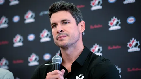 Sidney Crosby speaks to media during Hockey Canada's 2025 National Teams Orientation Camp.