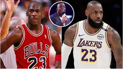 LeBron James #23 of the Los Angeles Lakers, Michael Jordan #23 of the Chicago Bulls and Magic Johnson.