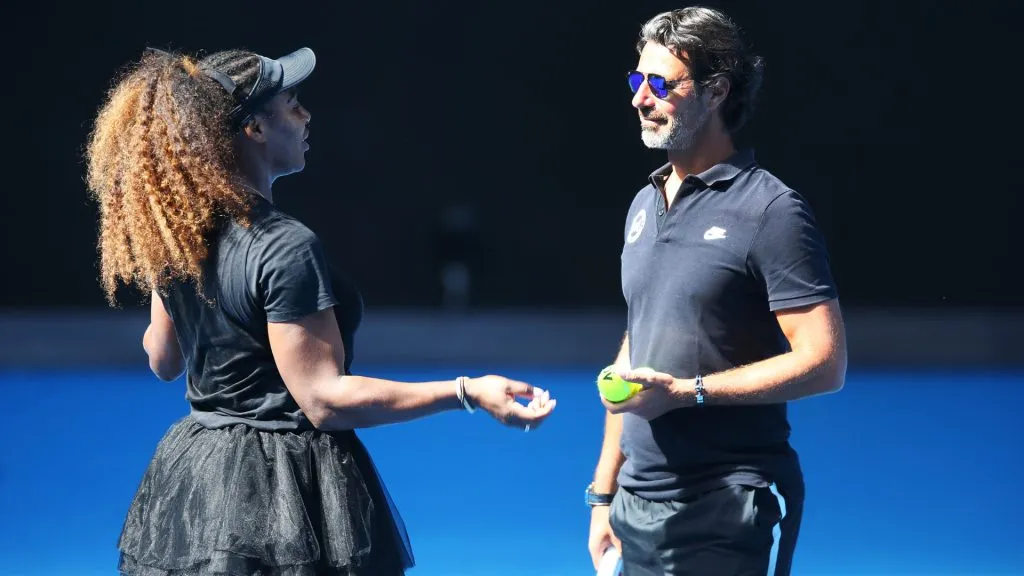 Serena Williams with Patrick Mouratoglou during a practice session. (Michael Dodge/Getty Images)