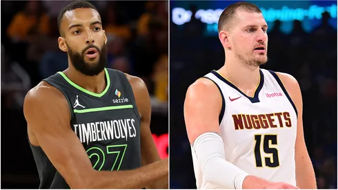 Rudy Gobert #27 of the Minnesota Timberwolves and Nikola Jokic #15 of the Denver Nuggets.