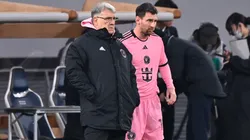 Gerardo Martino and Lionel Messi of Inter Miami during a friendly game.