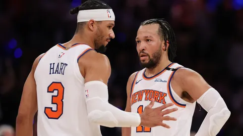 Josh Hart #3 and Jalen Brunson #11 of the New York Knicks talk against the Indiana Pacers.