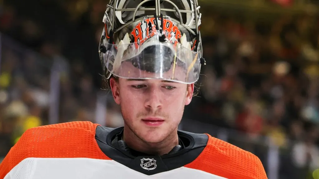 Carter Hart at T-Mobile Arena on October 24, 2023 in Las Vegas, Nevada.