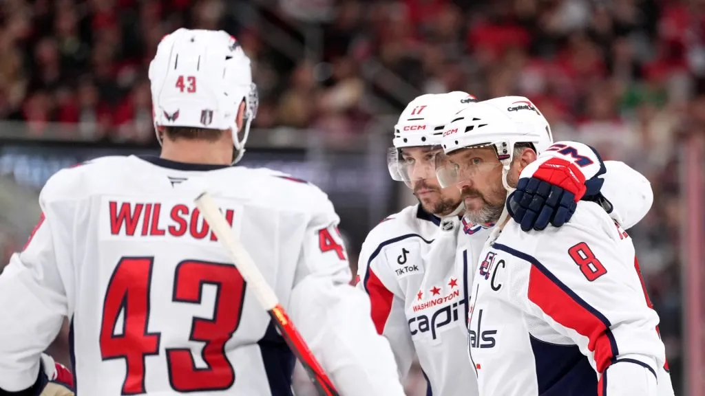 The Washington Capitals celebrate a goal against the Carolina Hurricanes.