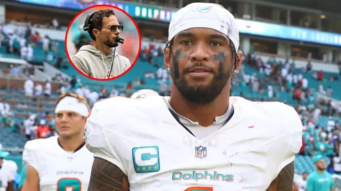 Tua Tagovailoa #1 of the Miami Dolphins and head coach Mike McDaniel.