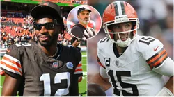 Shedeur Sanders #12, Joe Flacco #15 and Head coach Kevin Stefanski of the Cleveland Browns.