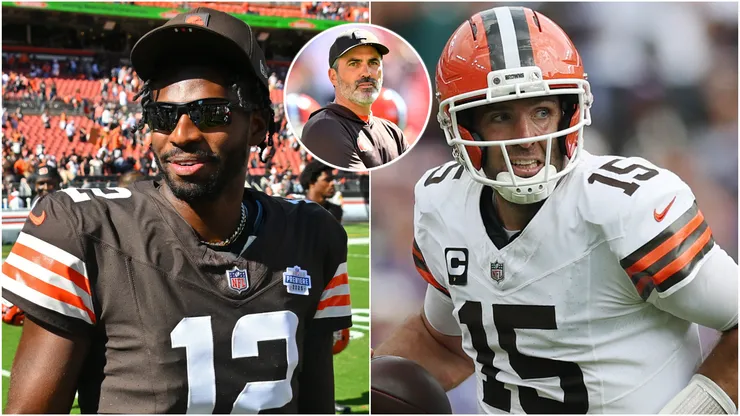 Shedeur Sanders #12, Joe Flacco #15 and Head coach Kevin Stefanski of the Cleveland Browns.