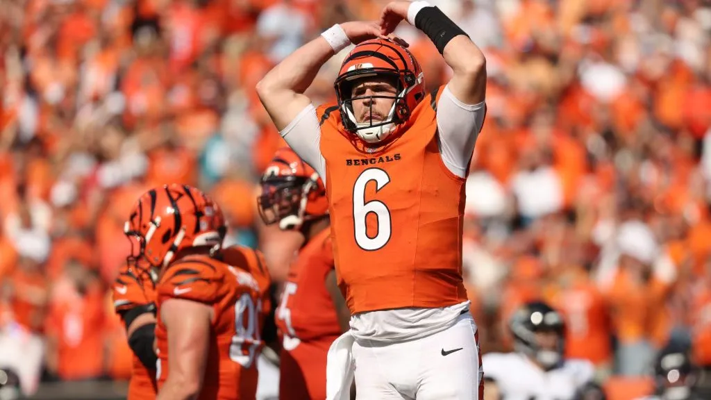 Browning reacts after defeating the Jacksonville Jaguars on September 14, 2025 in Cincinnati. (Photo by Kirk Irwin/Getty Images)
