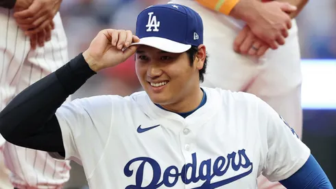 Shohei Ohtani #17 of the Los Angeles Dodgers is introduced.