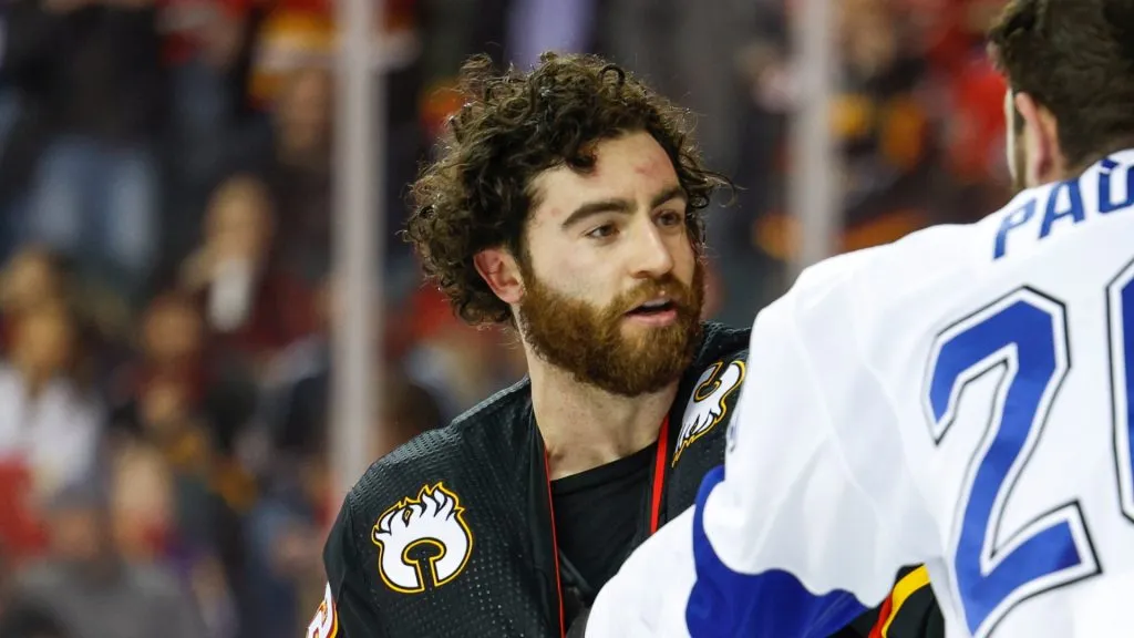 Dillon Dube at the Scotiabank Saddledome on January 21, 2023, in Calgary, Alberta